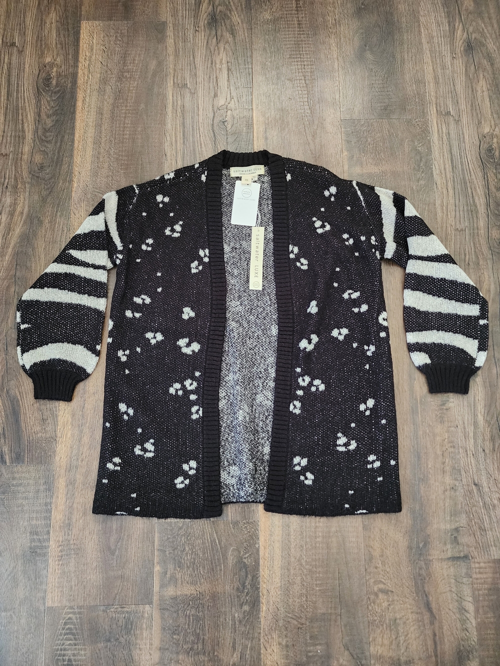 saltwater LUXE Black & Cream Open Cardigan with Patterned Sleeves